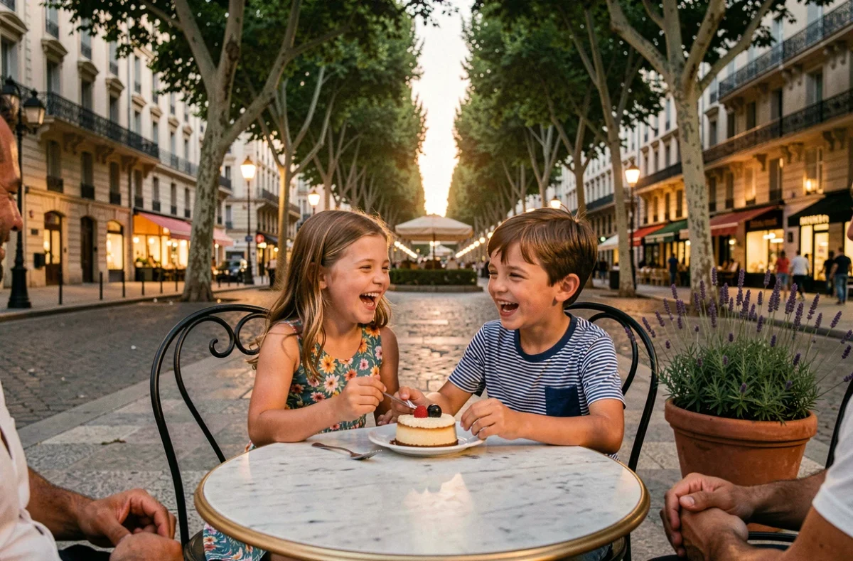 Enfants savourant un dessert en terrasse à Aix-en-Provence lors d'une soirée estivale en famille