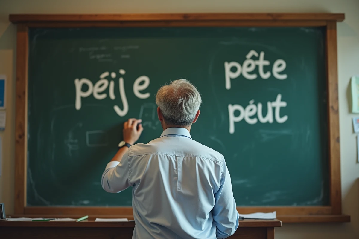 Professeur français écrivant au tableau avec craie