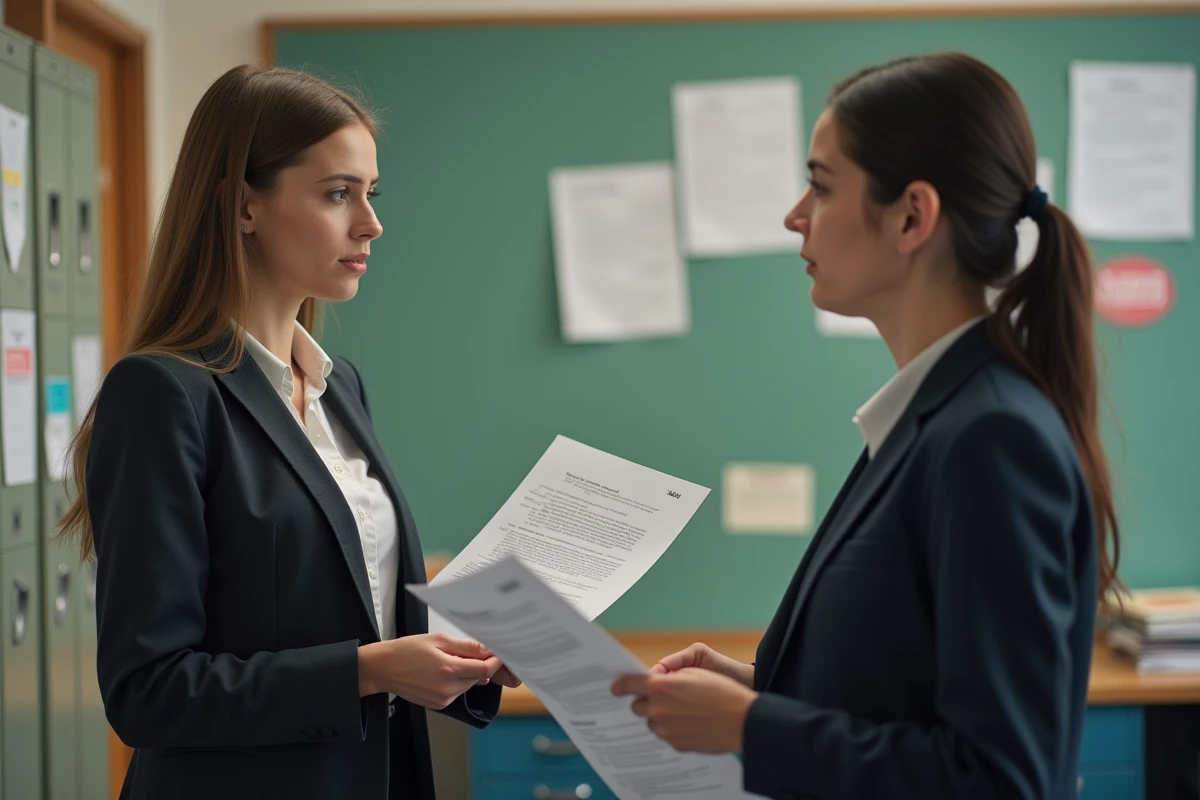 Jeune enseignante discutant de documents de salaire avec une collègue