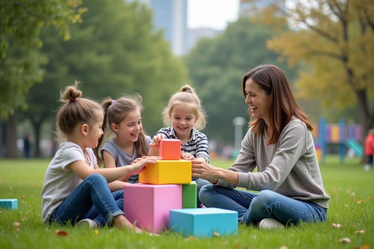 Jeune enseignante jouant avec des enfants dans un parc