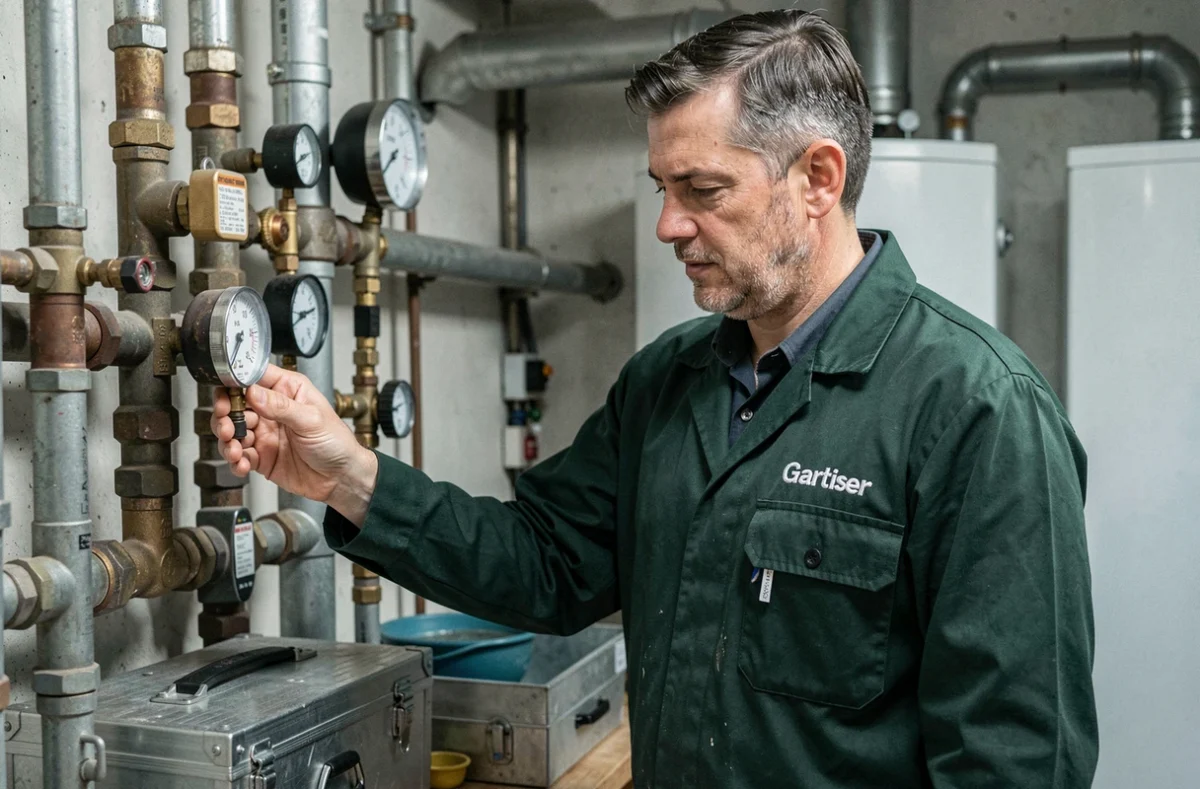 Technicien de l'entreprise Alain Gartiser inspectant une installation de chauffage à Troyes