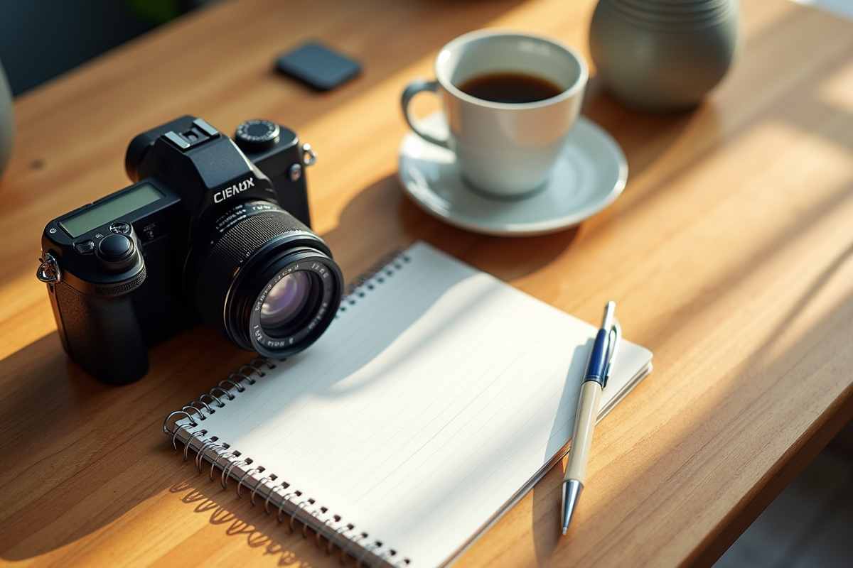Espace de travail lumineux avec appareil photo et carnet