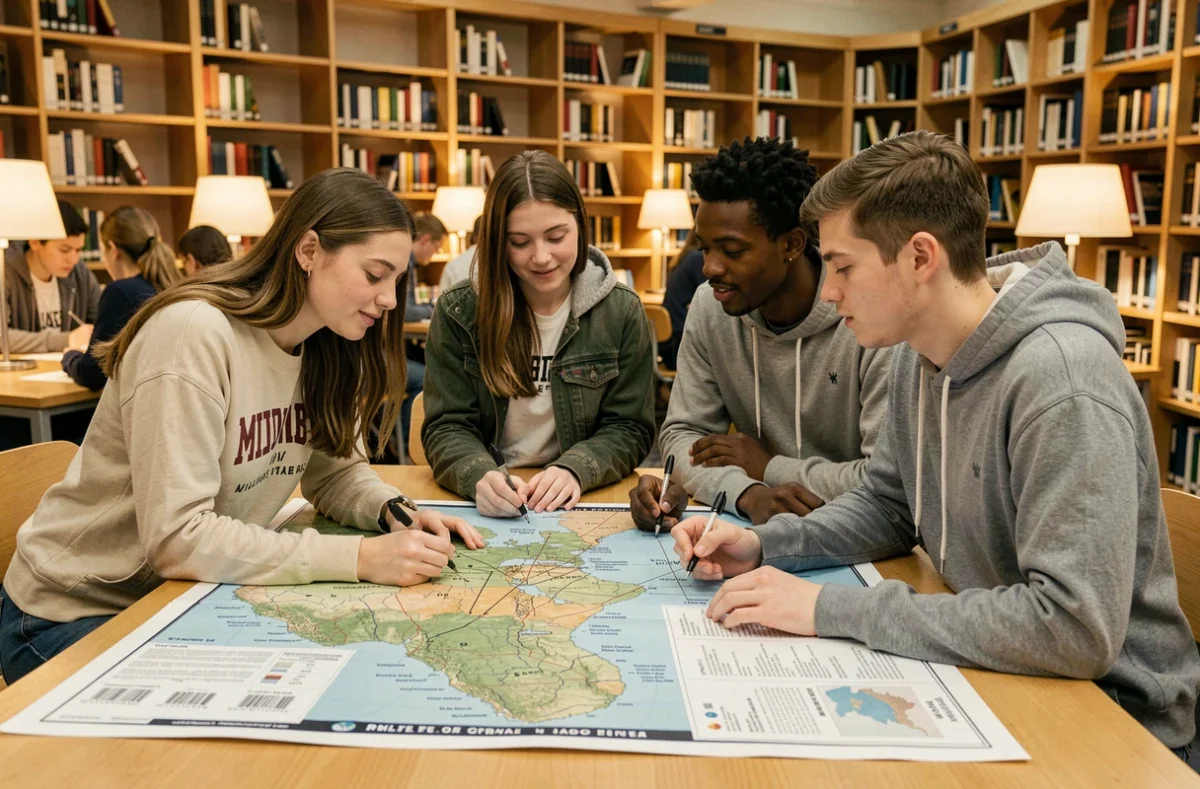 Groupe d'étudiants universitaires analysant une carte géographique dans une bibliothèque moderne