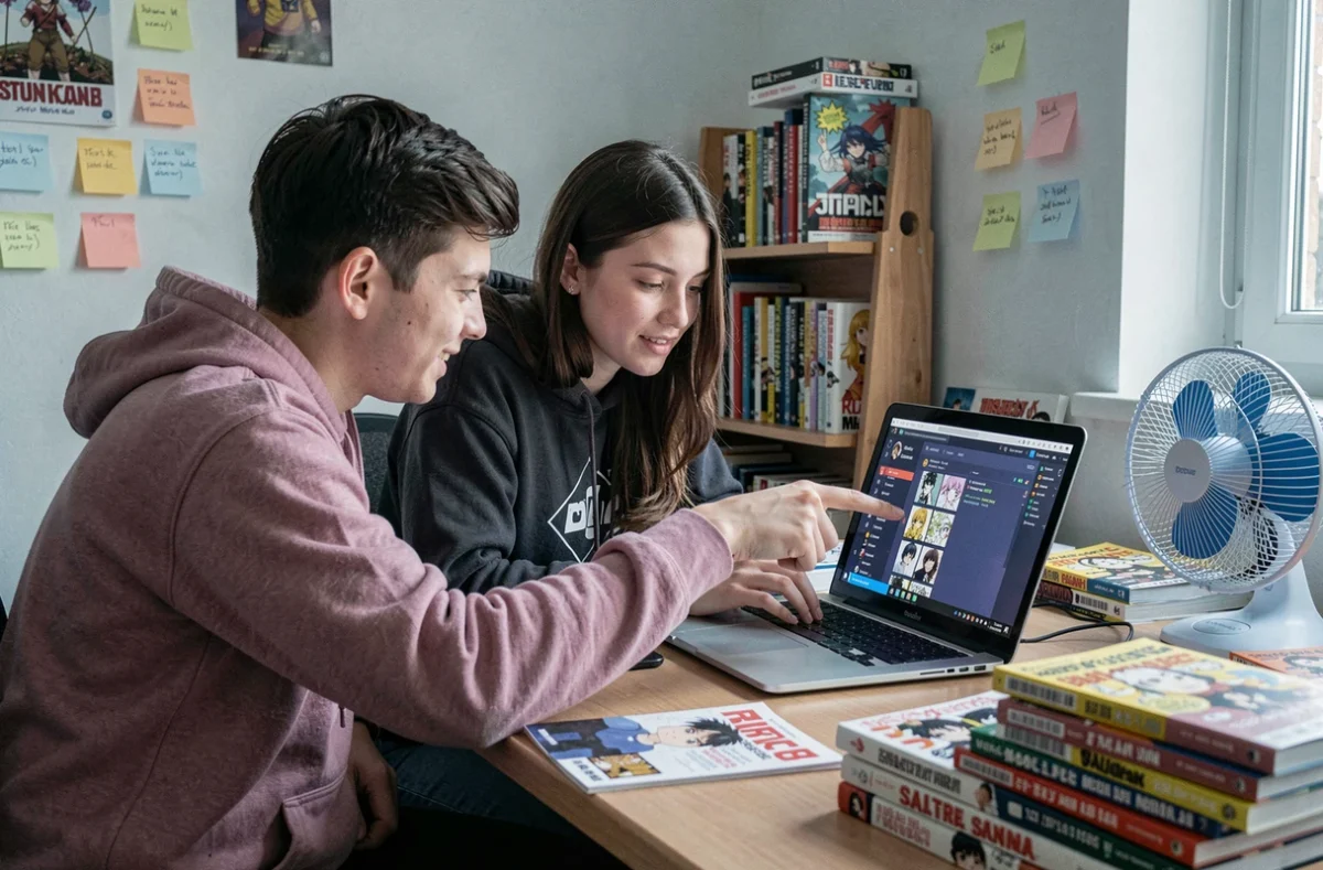 Deux étudiants cherchant ensemble comment rejoindre un serveur Discord de scans manga sur un ordinateur portable