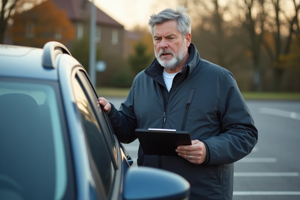 Examinateur de conduite observant un véhicule en parking