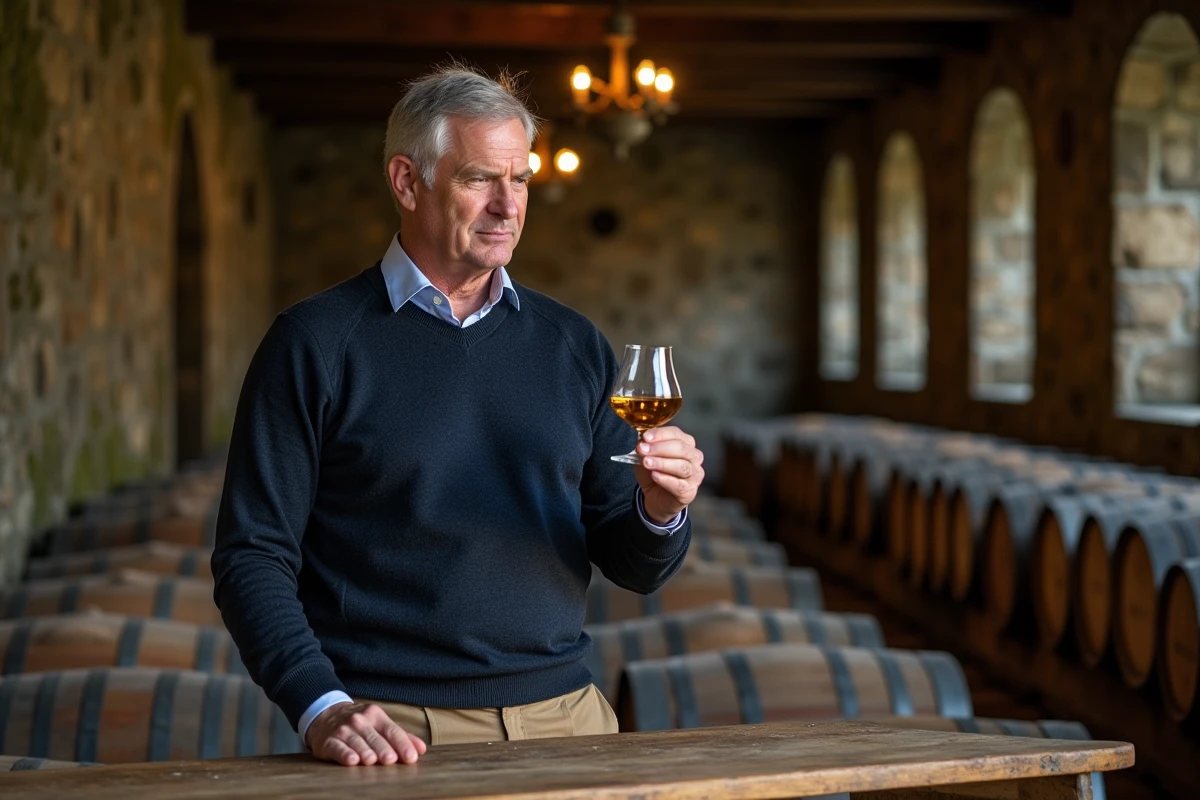 Expert en whisky examinant un verre de single malt écossais dans un entrepôt de vieillissement avec des fûts de chêne empilés dans une distillerie historique