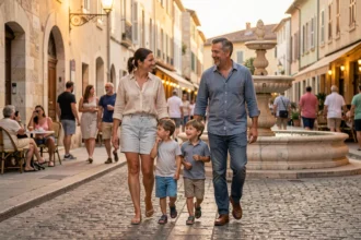 Famille avec enfants se promenant dans les rues piétonnes d'Aix-en-Provence au coucher du soleil