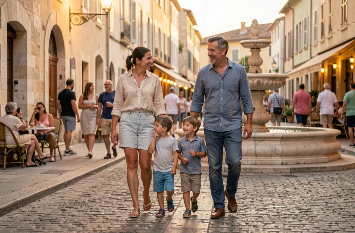 Famille avec enfants se promenant dans les rues piétonnes d'Aix-en-Provence au coucher du soleil