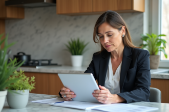 Femme d'affaires examine documents financiers à la maison