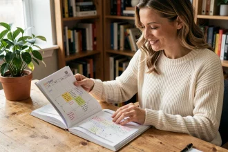 Femme consultant un agenda papier pour planifier ses semaines paires de l'année 2026