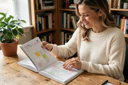 Femme consultant un agenda papier pour planifier ses semaines paires de l'année 2026