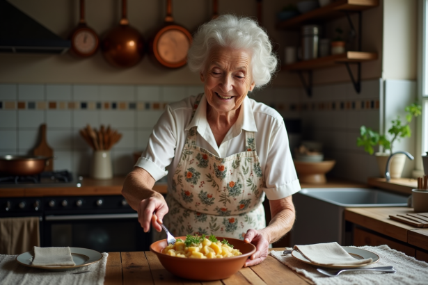 Femme âgée servant une blanquette de dinde dans la cuisine