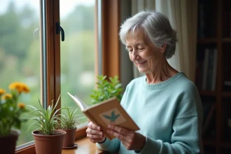 Femme âgée souriante tenant une carte paix près d'une fenêtre