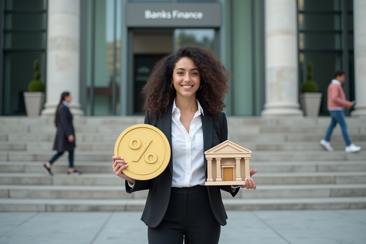 Jeune femme avec symboles financiers devant banque moderne