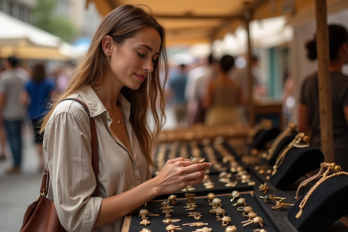 Jeune femme examinant un pendentif scarabée égyptien en or sur un marché artisanal de bijoux