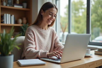 Femme souriante travaillant sur un ordinateur dans un bureau moderne