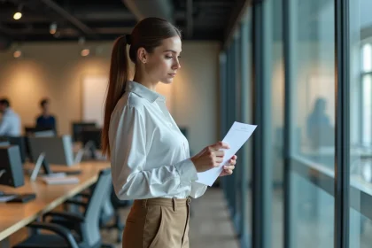 Femme en tenue de bureau regardant par la fenêtre