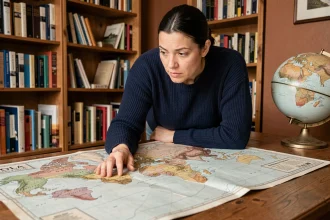 Femme étudiant une carte du monde vintage posée sur un bureau en bois, pour un quiz de géographie sur les plus grands pays