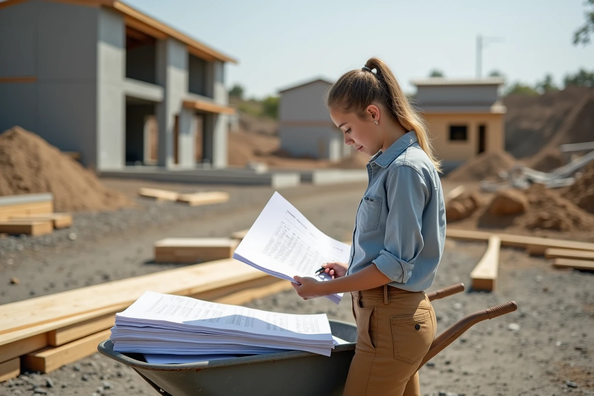 Jeune femme consulte un tableau de conversion sur un chantier extérieur