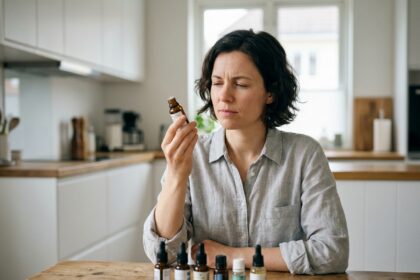 Femme choisissant un e-liquide en lisant l'étiquette d'un flacon dans une cuisine moderne