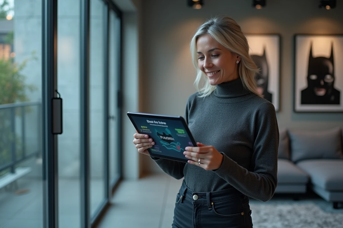 Femme consultant une chronologie interactive des films Batman sur tablette dans un salon moderne