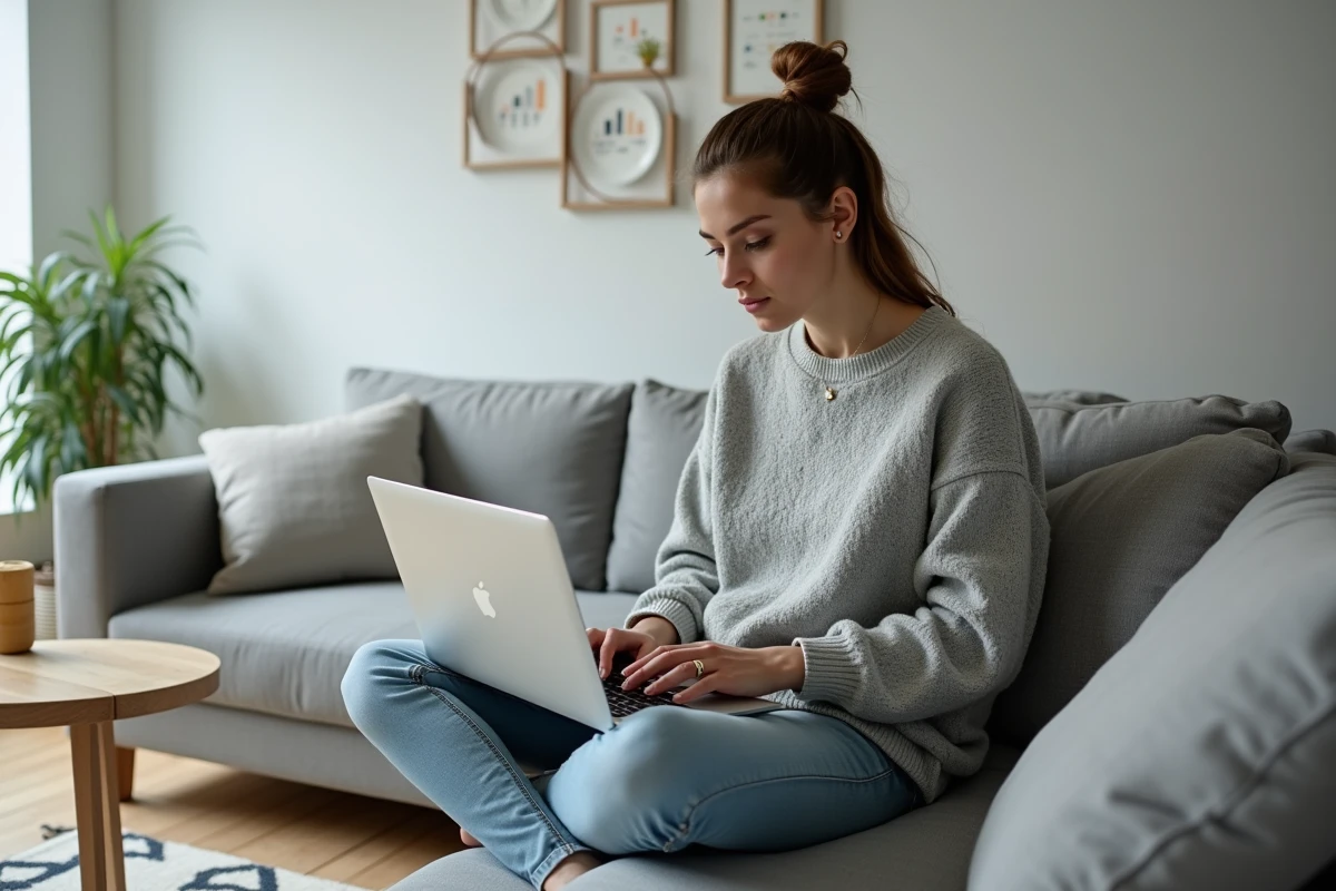 Femme adulte comparant les prix d'un marché de jeu en ligne Dofus sur son ordinateur portable depuis son salon
