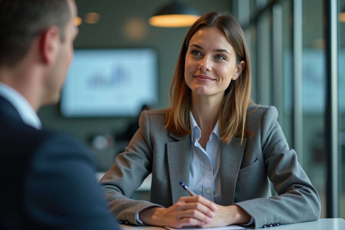 Jeune femme écoutant un conseiller financier dans une banque