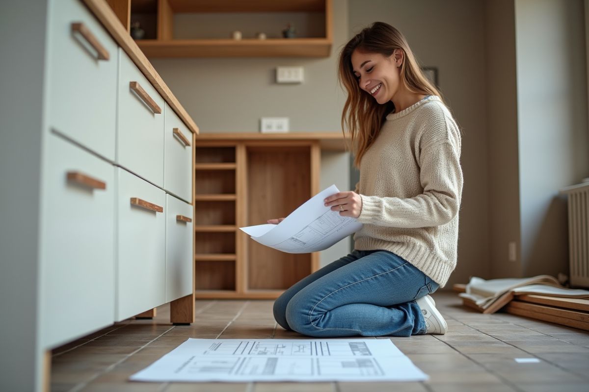 Jeune femme consulte des plans de renovation dans la cuisine
