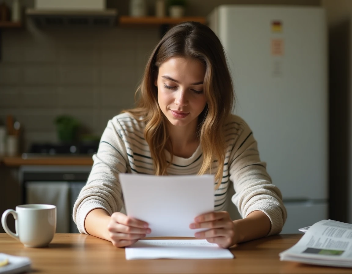 Jeune femme lisant une note dans sa cuisine avec une expression ironique, illustration des citations sur l'hypocrisie du quotidien