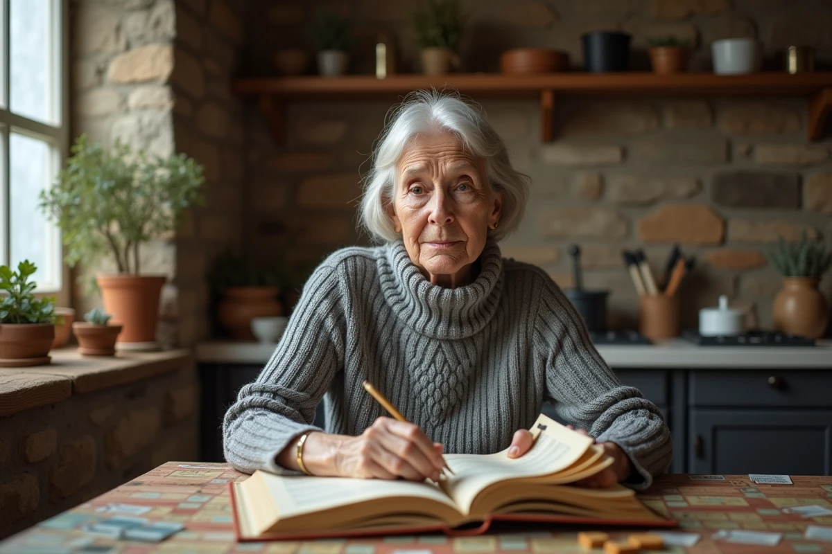 Femme adulte étudiant les règles d'un jeu de stratégie de guerre réaliste avec un livre de règles annoté sur une table rustique