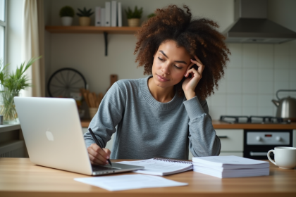 Jeune femme concentrée à la maison avec documents financiers
