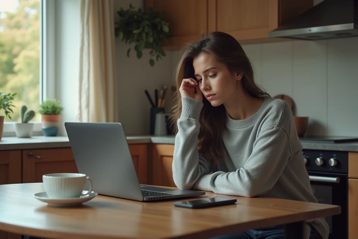 Jeune femme frustrée devant son ordinateur portable à la maison
