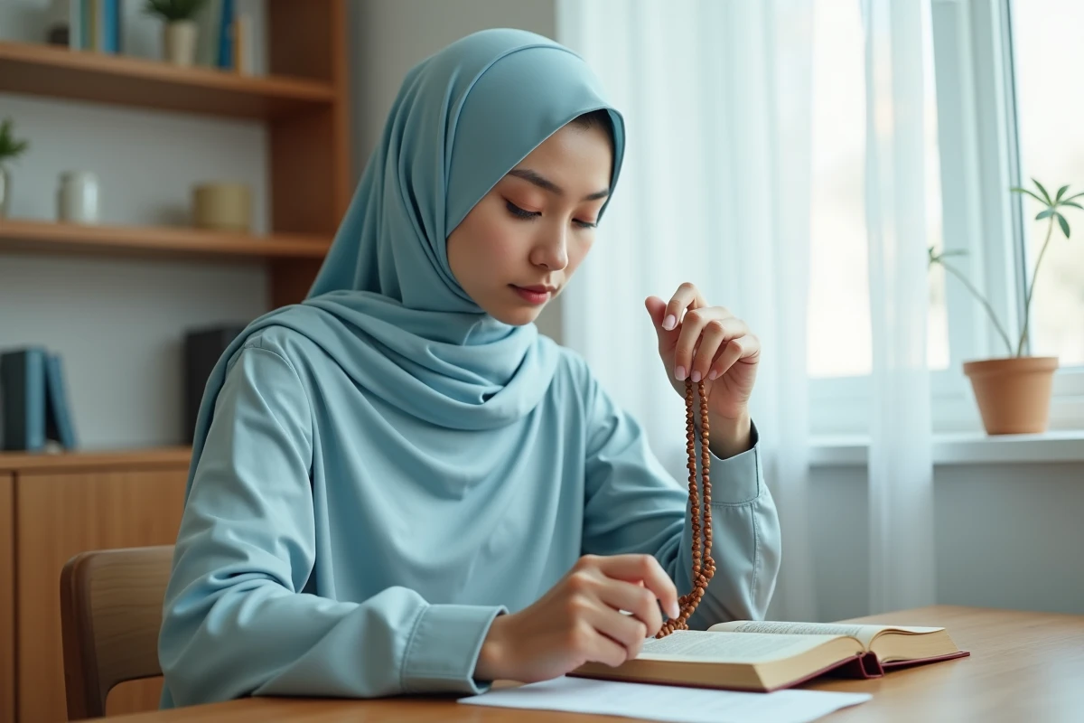 Femme voilée tenant un chapelet et un Coran fermé pour faire des invocations et du dhikr à la maison