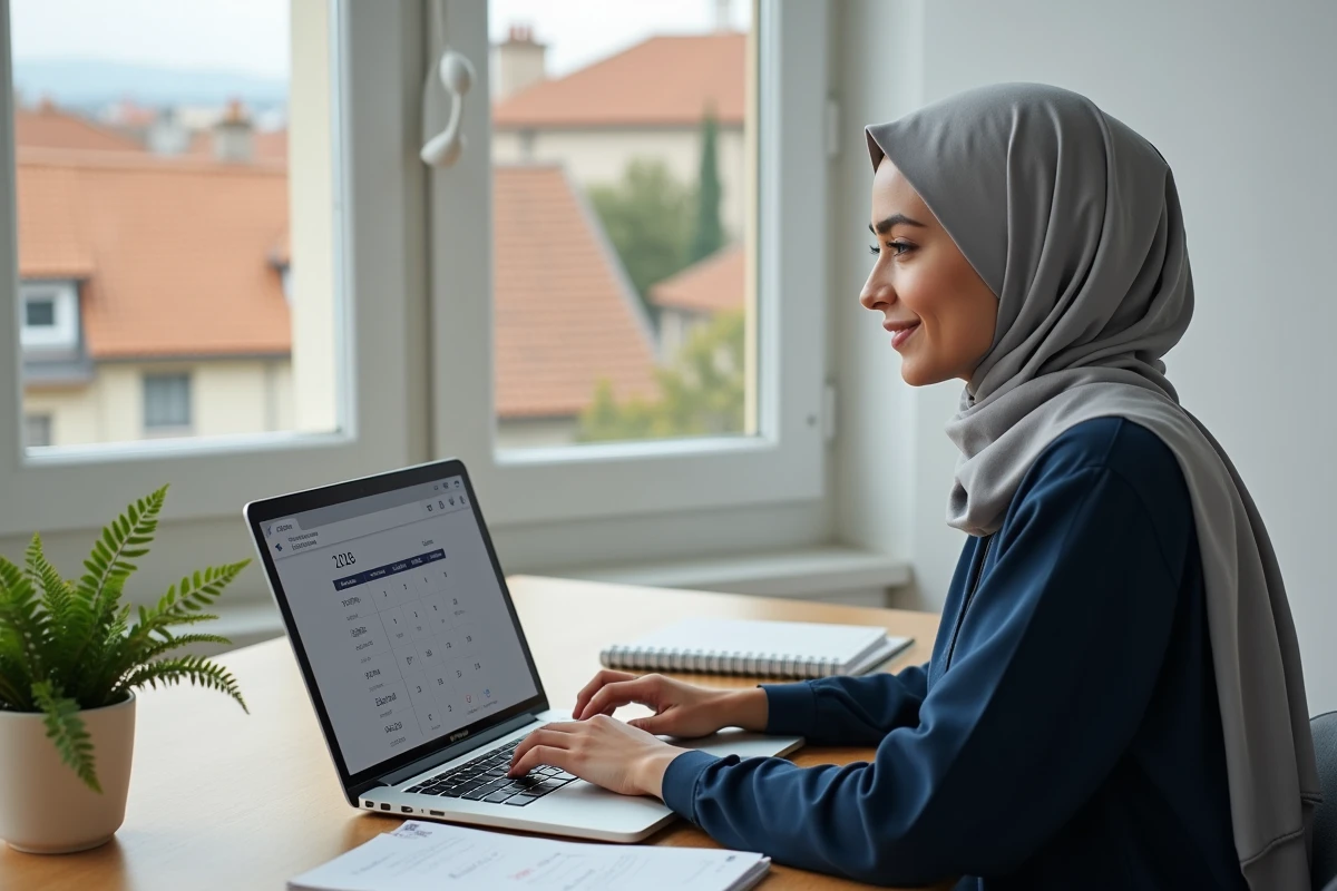 Jeune femme voilée consultant un tableau numérique des heures de prières mensuelles 2026 sur ordinateur portable, agenda ouvert sur le bureau à Narbonne