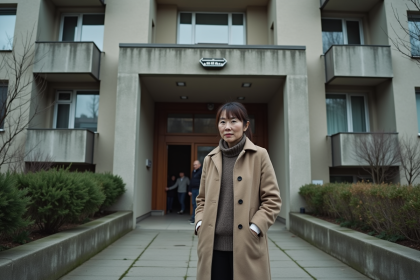 Femme d'âge moyen devant un immeuble HLM en hiver