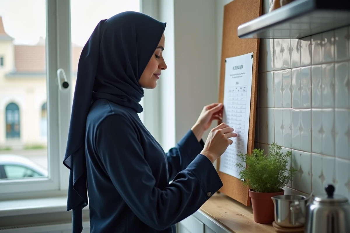 Femme consultant un tableau des horaires de prières imprimé dans une cuisine à Douai