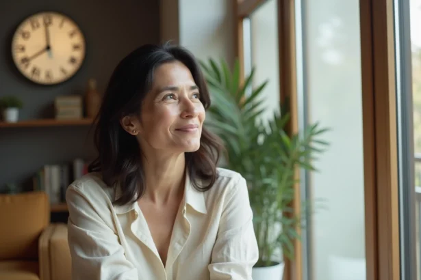 Femme contemplative regardant une horloge affichant 15h55, symbole du message angélique et du lâcher-prise