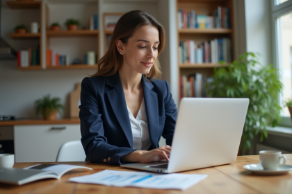 Jeune femme en costume bleu examine des taux hypothécaires sur son ordinateur