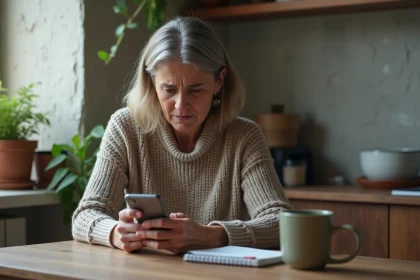 Femme inquiète regardant son smartphone dans la cuisine