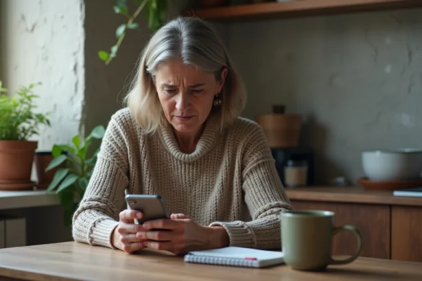 Femme inquiète regardant son smartphone dans la cuisine