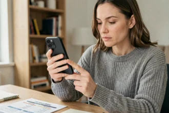 Femme examinant un iPhone 15 reconditionné posé sur un bureau en bois, comparant les capacités de stockage