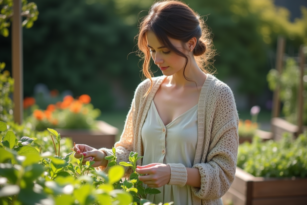 Jeune femme dans un jardin communautaire inspectant des plantes