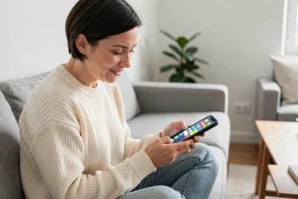 Femme jouant à un jeu sémantique sur smartphone dans un salon scandinave moderne