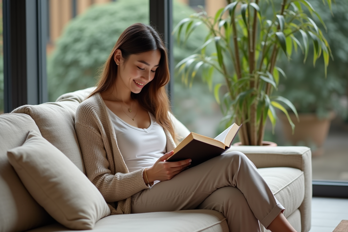 Jeune femme détendue lisant dans un salon cosy de coliving
