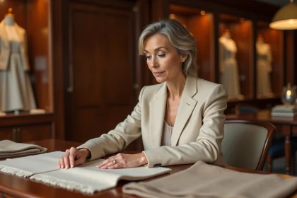 Femme élégante touchant des tissus de luxe en boutique