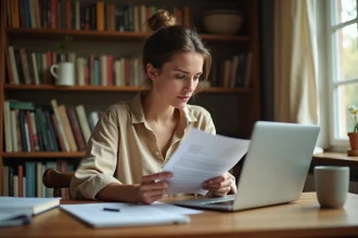 Femme consultant son manuscrit imprimé et son ordinateur portable pour publier un livre sur Kindle Direct Publishing KDP
