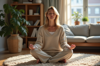 Femme méditant assise sur un tapis dans un salon cosy