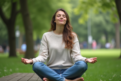 Femme méditant dans un parc urbain verdoyant