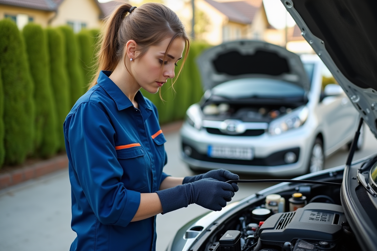 Jeune femme pose une nouvelle courroie sur une voiture