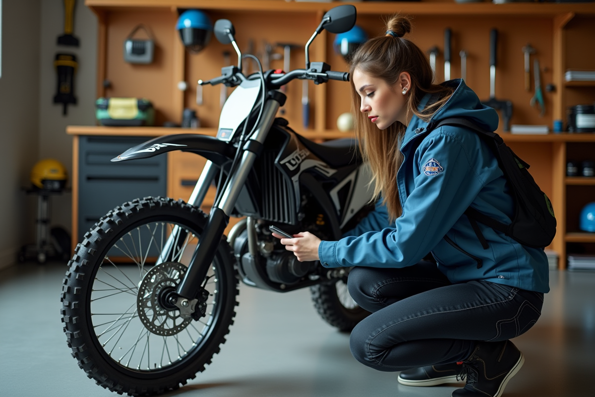 Femme attachant un GPS à sa moto en garage